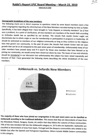 A report that Rabbi Vinas gave to the board in 2010, in which he responded to questions about the “ethnicity/race of the New Members.”